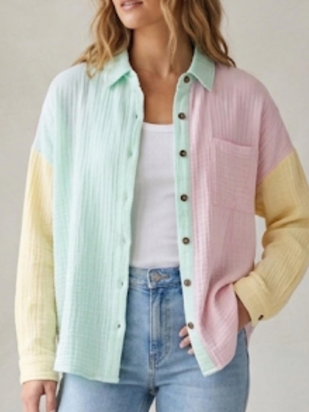 Simply Southern Color Block Gauze Button Down Pineapple Top – Medium - Picture 4 of 11